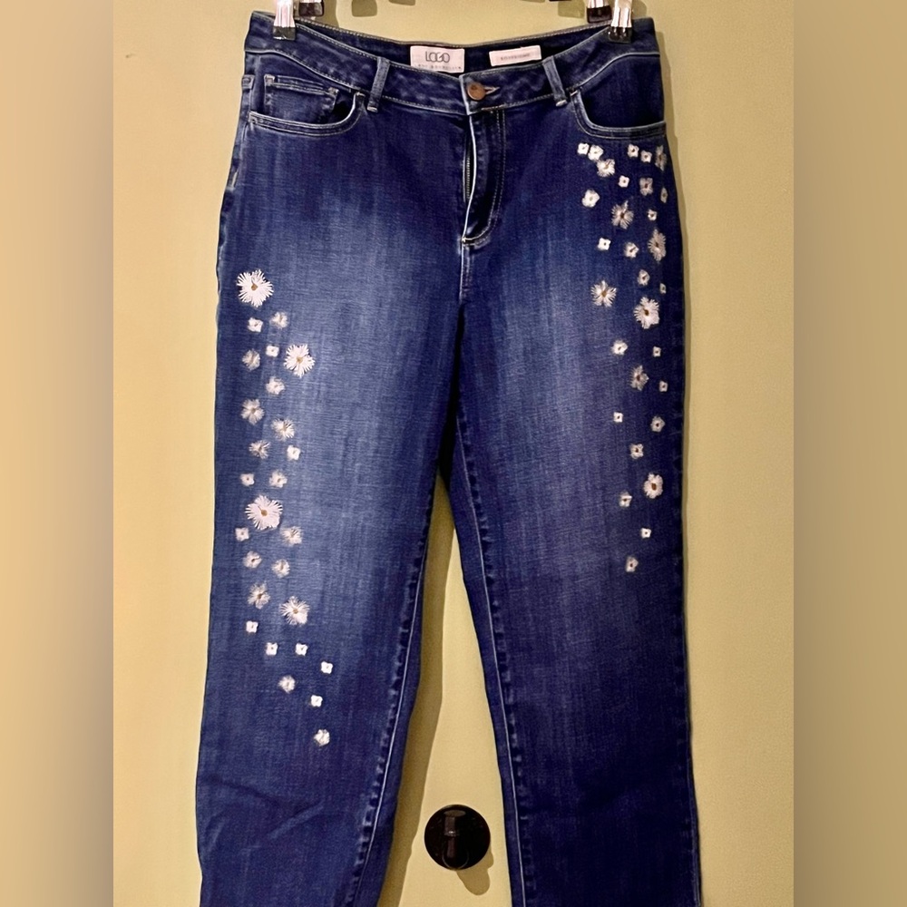 Dark Blue LOGO Lori Goldstein Floral Embroidered Women’s Boyfriend Jeans Size 8